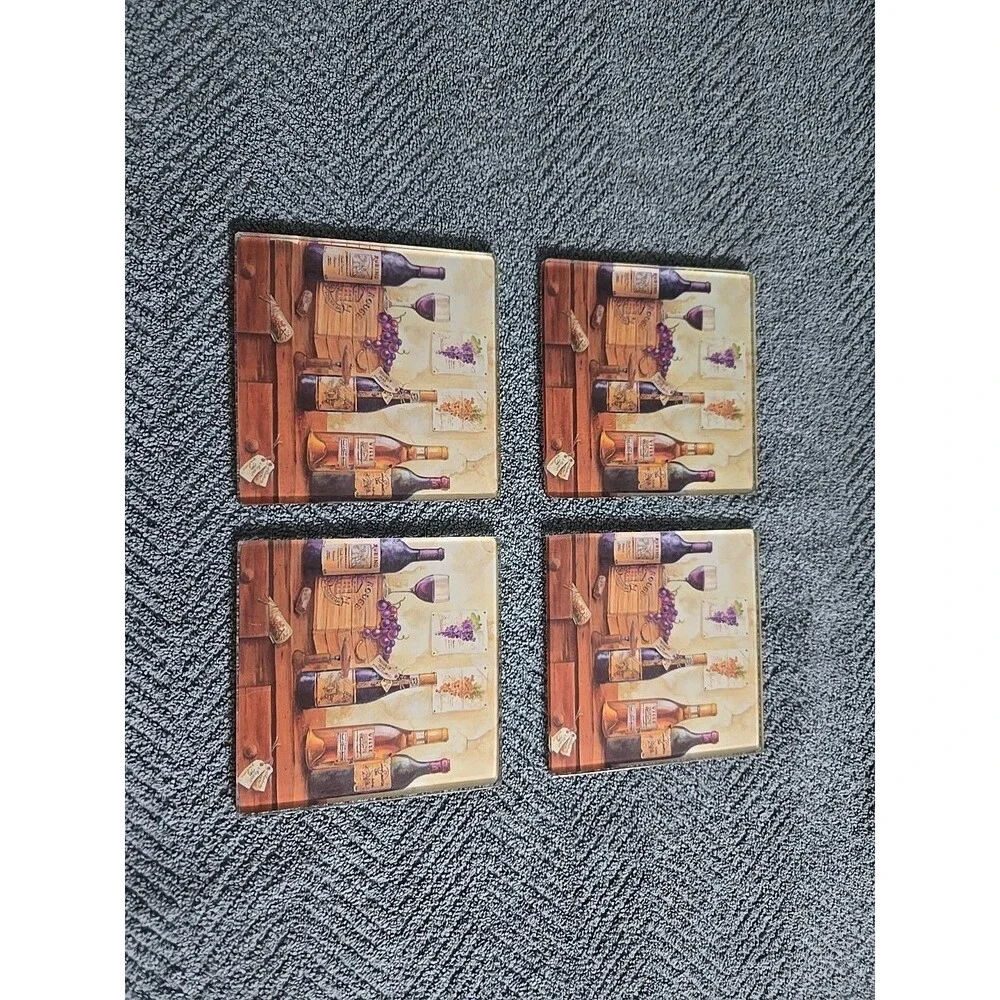 Set of 4Coasters Wine Bottles and Glass Grapes Themed Glass Back 4” X 4” Square